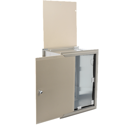 Hale pet door for thick walls with extra-long tunnel, brushed-aluminum frame with the side-loading cover panel hinged open to the right, shown in three-quarter isometric view.
