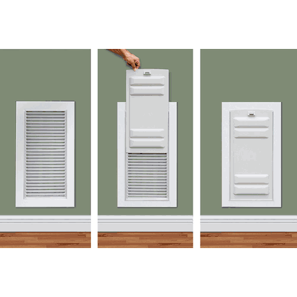 High Tech Armor Flex Pet Door for Walls, XL flap, three-panel sequence of a white wall-mount pet door in three states - open with louvered insert, cover sliding down, and cover in place.