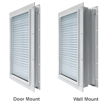 High Tech Armor Flex Pet Door for Walls, side-by-side studio comparison of two identical white-framed pet doors against a light-gray background, captioned Door Mount on the left as a shallow-frame version and Wall Mount on the right with a deeper extruded extension box giving it visible depth.