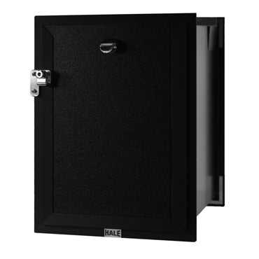 Hale Pet Door for Walls, black, large flap, single flap, three-quarter view of a black wall-mount pet door with the opaque locking cover installed, a twist-latch lock, and HALE brand badge.