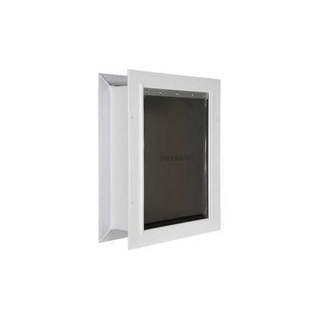 PetSafe Wall Entry Pet Door, three-quarter studio shot on white of a large-size unit with two white plastic frames joined by a rectangular tunnel, recessed front opening with a dark gray single flap on a top hinge bar, and visible mounting screws around the perimeter.