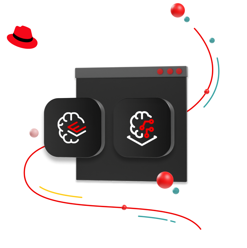 Un browser che fluttua nello spazio con due riquadri dagli angoli arrotondati. Un riquadro include l'icona di un prodotto Red Hat Enterprise Linux e l'altro contiene l'icona di OpenShift AI.