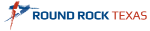 Round Rock Texas logo with stylized brushstroke design in red and blue next to the text ROUND ROCK TEXAS where ROUND ROCK is blue and TEXAS is red.