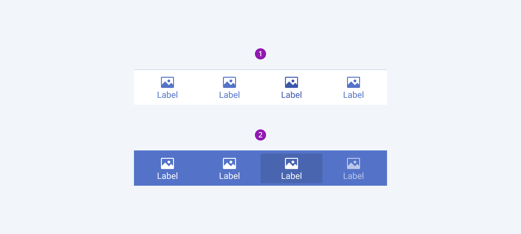 Available fill modes in the Telerik and Kendo UI BottomNavigation component including default flat and solid. Two Telerik and Kendo UI BottomNavigation components demonstrating the default flat and solid fill modes respectively.