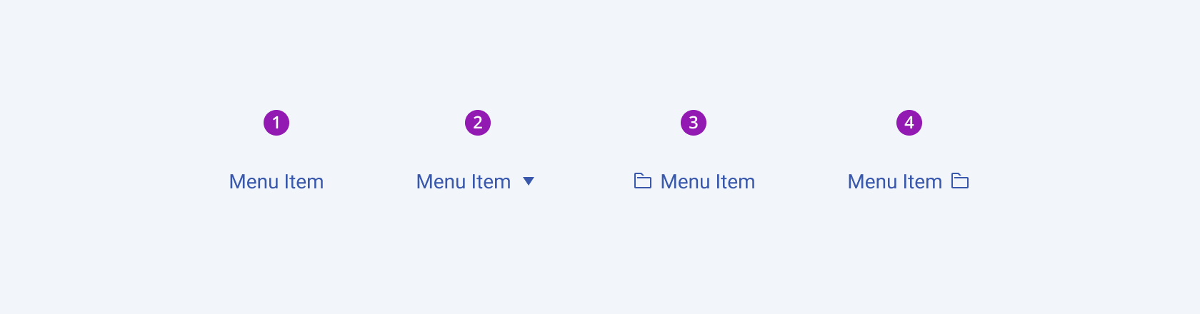 The four possible variants of the Telerik and Kendo UI Menu component A Telerik and Kendo UI Menu component and its possible variants including label only Menu, Menu with expand icon, Menu with icon before, and Menu with icon after