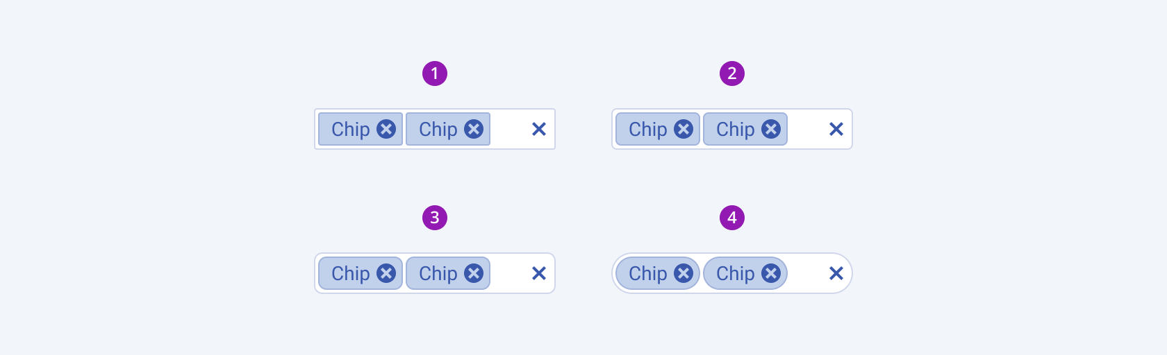Available border radiuses in the Telerik and Kendo UI MultiSelectTree component including small, default medium, large, and full. Four Telerik and Kendo UI MultiSelectTree components demonstrating the small, default medium, large, and full fill modes respectively.
