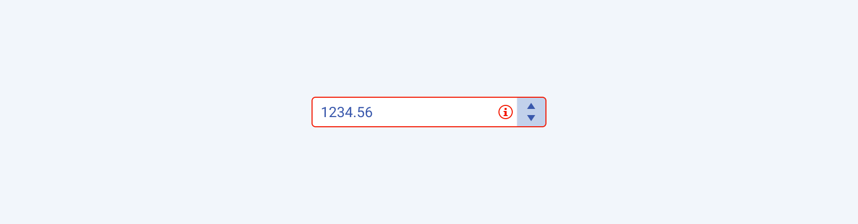 A Telerik and Kendo UI NumericTextBox component rendering a validation visual for implying whether the user input meets the predefined requirements. A Telerik and Kendo UI NumericTextBox component showing a validation visual element.