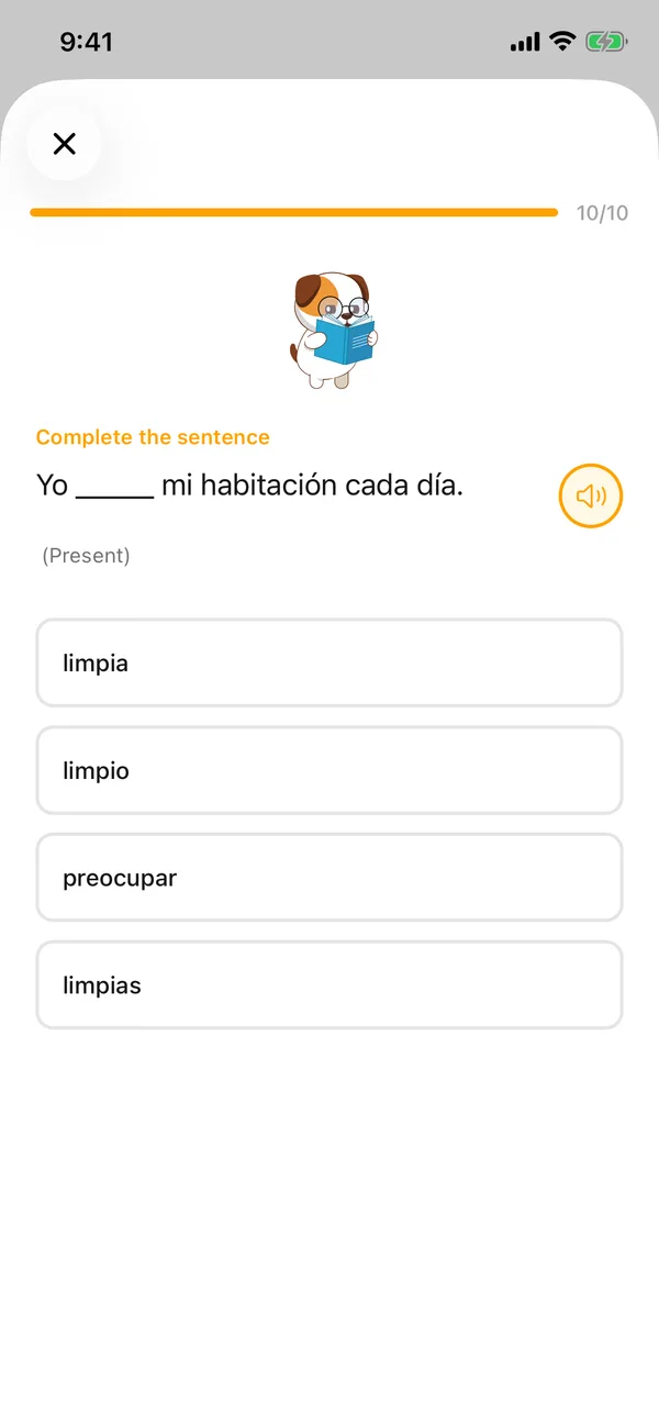Complete the sentence exercise: Yo ___ mi habitación cada día