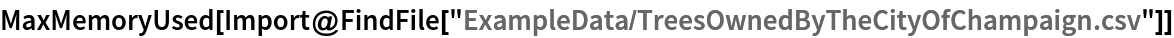 MaxMemoryUsed[
 Import@FindFile["ExampleData/TreesOwnedByTheCityOfChampaign.csv"]]