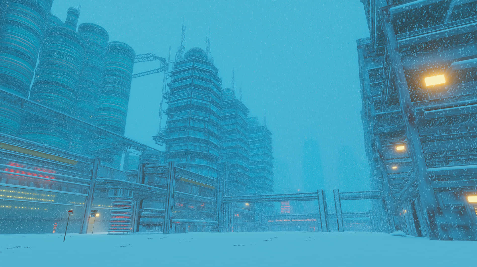 Snowy Futuristic Industrial Cityscape With Towering Structures Wallpaper