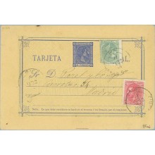 1879. 5 c. azul + 5 c. verde. (Ed. 201) + 10 c. rosa (Ed. 202) C. Real a Madrid. Mat. C. Real, fechador Madrid (Laiz 8Fad) 120€