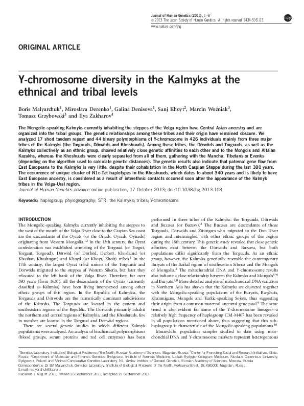 First page of “Y-chromosome diversity in the Kalmyks at the ethnical and tribal levels”