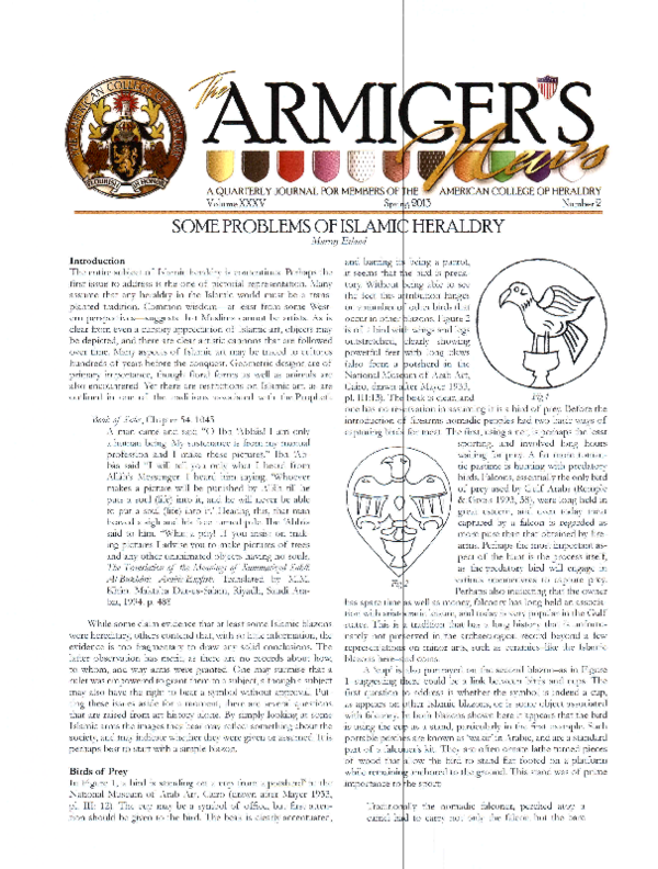First page of ““Some Problems of Islamic Heraldry” The Armiger’s News 35:2, 1-5, 2013. ”