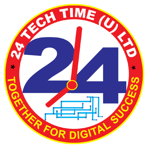 24 Tech Time (U) Ltd official logo featuring the number 24 with clock hands, a technology circuit pattern, and the tagline 'Together for Digital Success' in a circular red and yellow design.