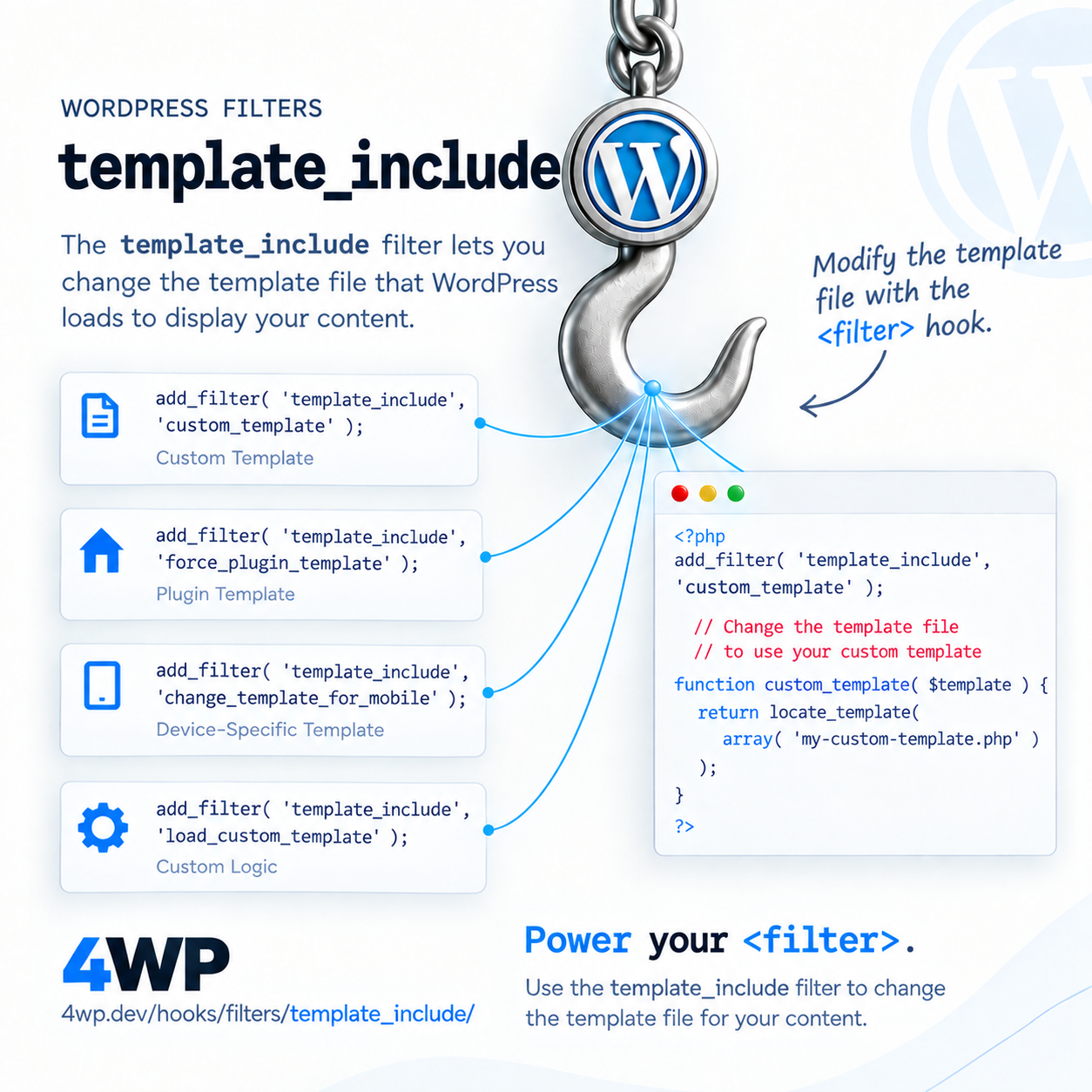 template_include WordPress filter hook — Filters the final template file path WordPress is about to load — template_include is the very last stop in the template hierarchy — return an absolute path to a PHP file and WordPress l…