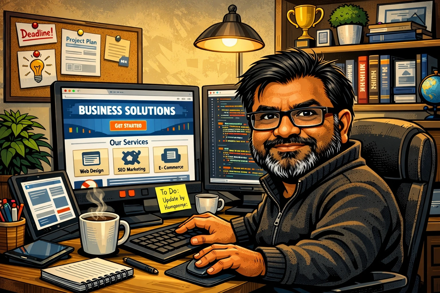 Home 7 A caricature of custom website developer at 61WEB featuring a website in a office setup