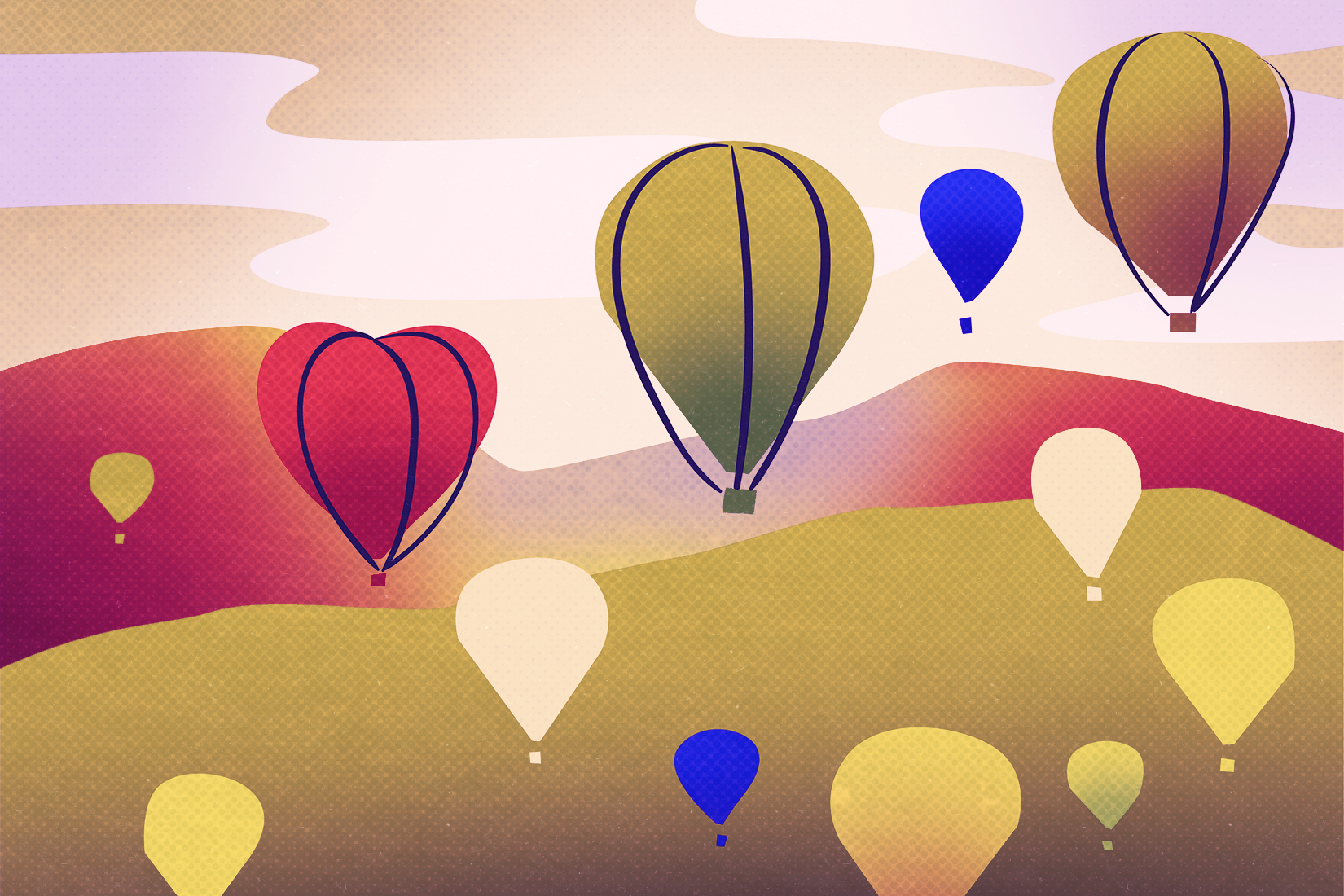 Illustration of valley with hot air balloons