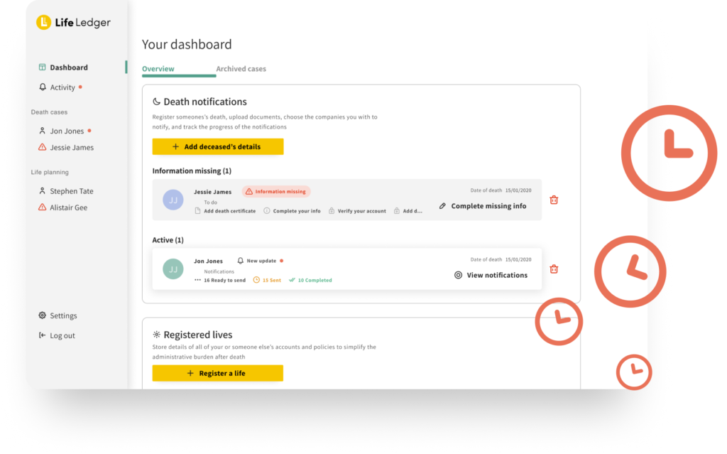 Life Ledger dashboard for the death notification service and managing accounts in one place.