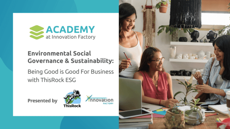 Environmental Social Governance and Sustainability: Being good is good for business presented by This Rock ESG. Photo of three women entrepreneurs having a discussion about their sustainable business and how to incorporate ESG throughout.