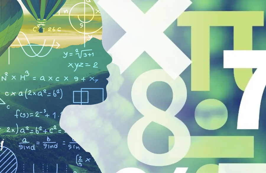 Silhouette with math symbols overlaid on nature background.