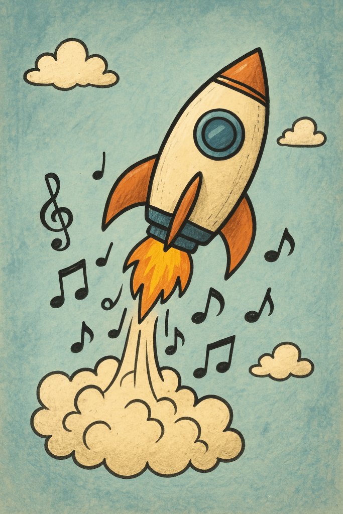 A cartoon rocket ship launching, leaving behind an exhaust cloud and musical notes