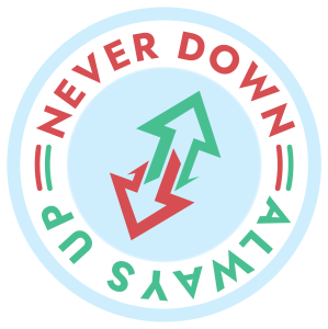 "Never Down, Always Up" disk logo. The words "Never Down" are on top, and "Always Up" are on the bottom, upside-down. In the center are two arrows, one pointed up and slightly to the right, the other pointed down and slightly to the left.