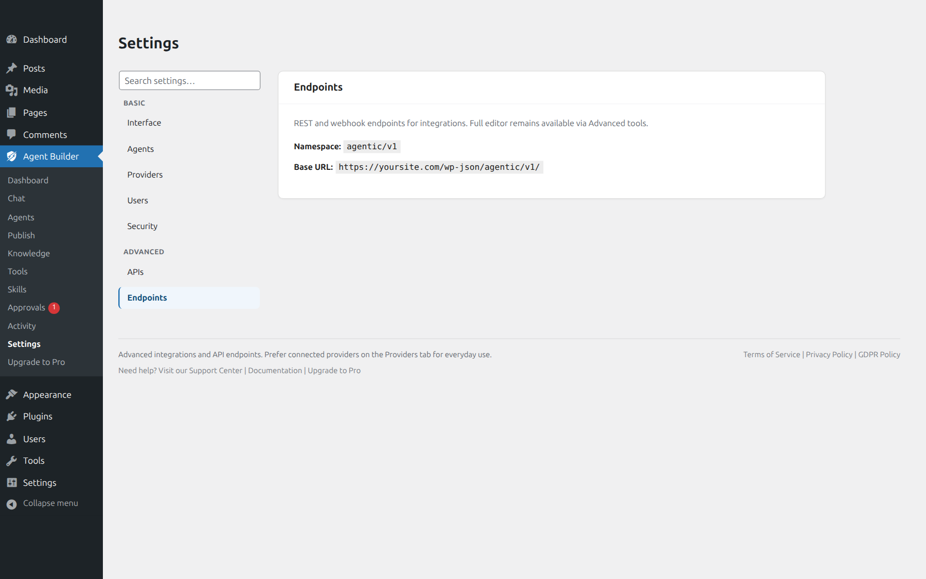 Settings Endpoints tab for advanced API endpoints