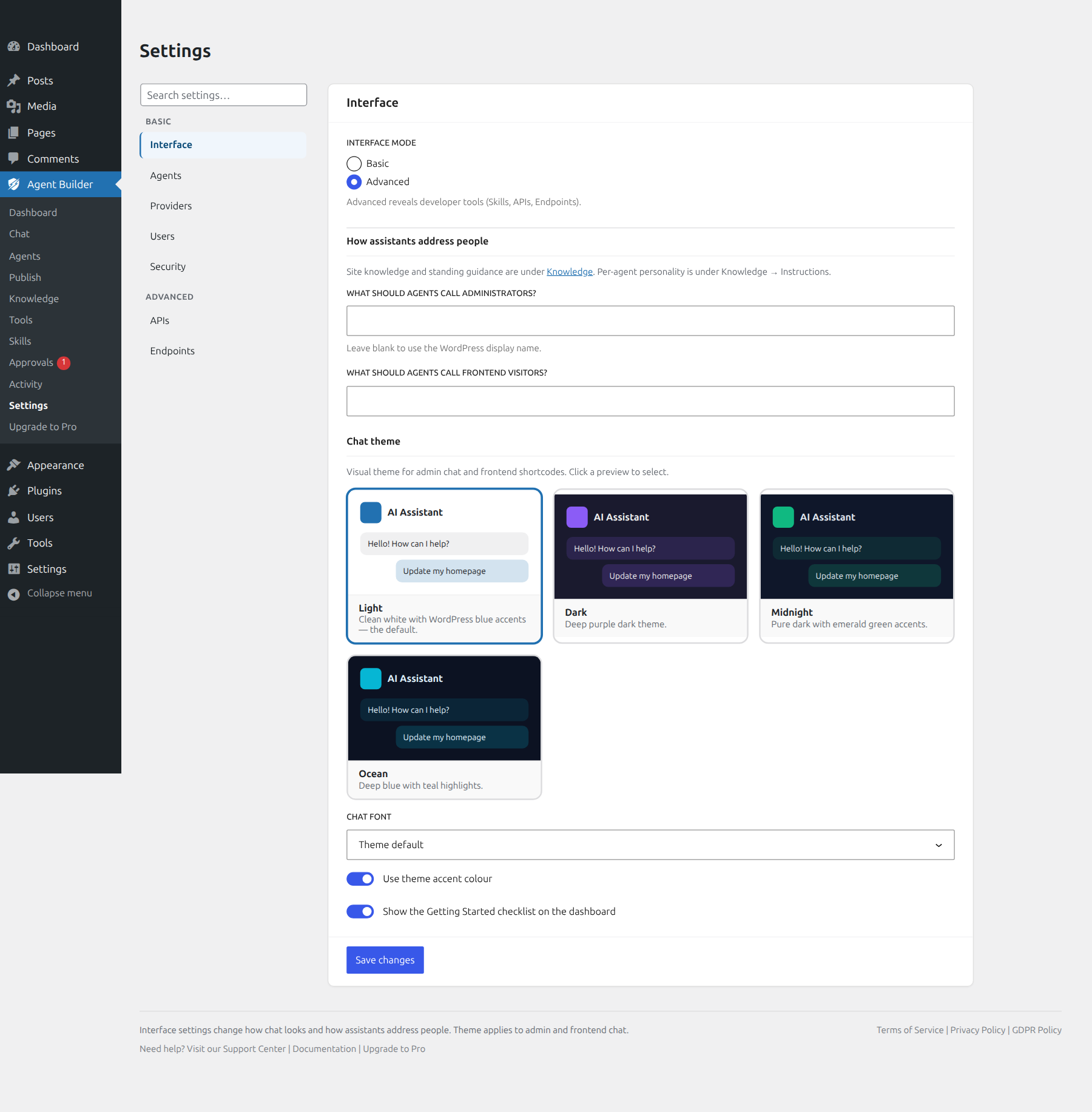 Settings Interface tab with Basic/Advanced mode, addressing fields, and chat theme previews