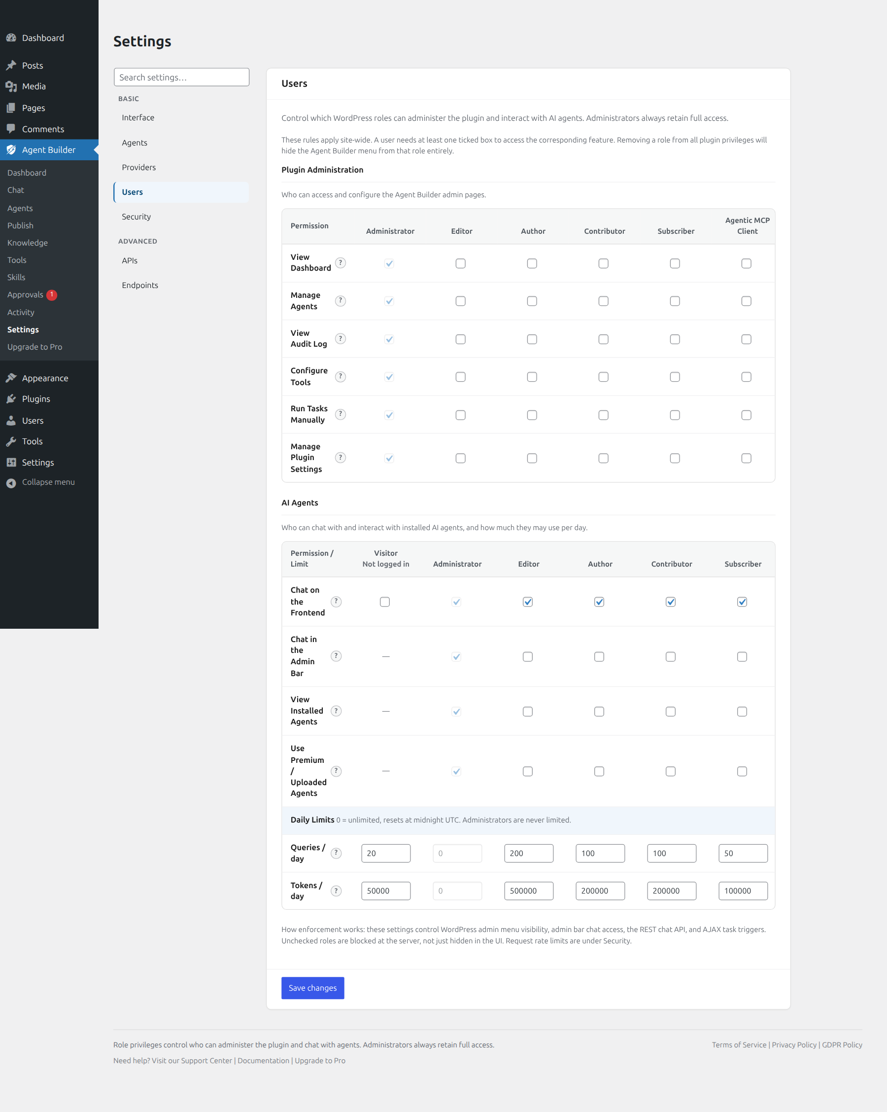 Settings Users tab with plugin administration and AI agent privilege matrices