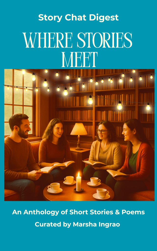 Story Chat Digest #3 Book Cover in a soft teal background with a warm library setting with four people chatting about books