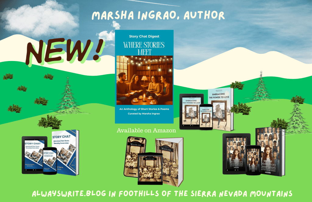 a graphic with mountains with Ingrao's book covers placed