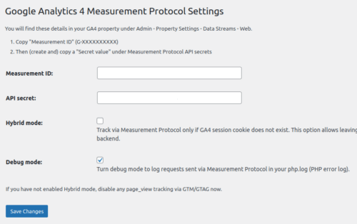 Google Analytics 4 Measurement Protocol Wordpress Plugin settings