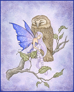 a little fairy snugles with an owl on a branch