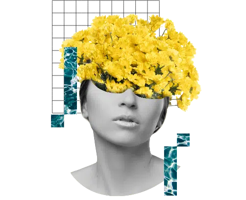 Collage with bright yellow flowers coming out of a young woman's head