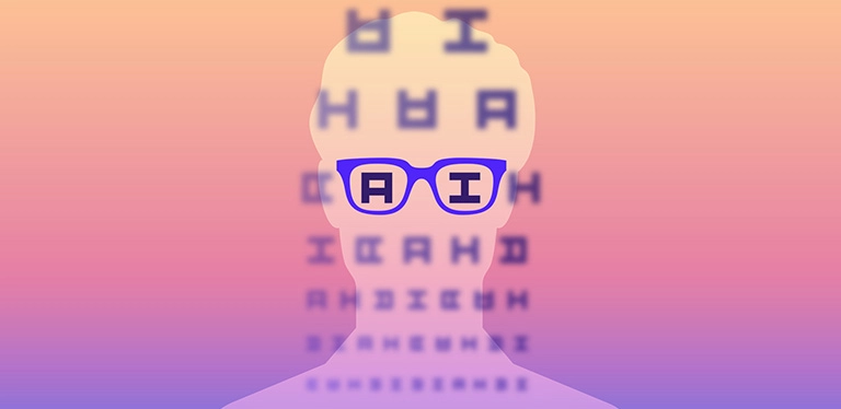 The silhouette of a person looking out at an eye chart. Most letters are blurred, with the letters 'AI' in perfect focus.