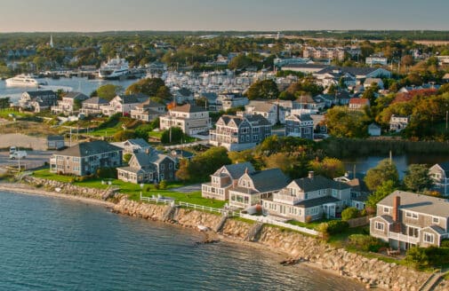 Aerial view of Hyannis on a fall evening, photo by Hal Bergman