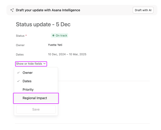 Show or hide fields in status updates