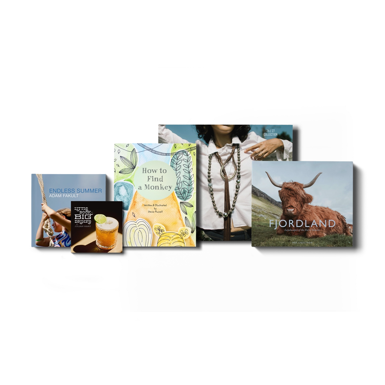 Cinq livres personnalisés de tailles différentes avec des couvertures montrant une photo de famille, de mode, un cocktail, un paysage et une illustration colorée.