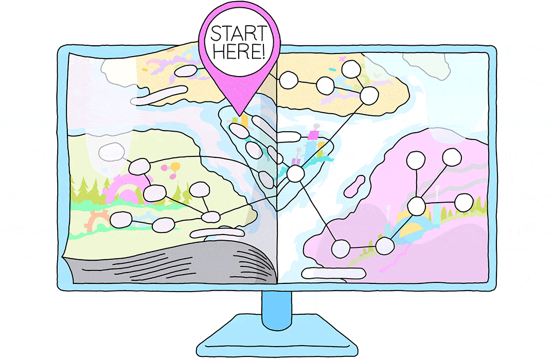 An illustration of a computer screen that shows one half with a traditional quantum computing textbook with sticky notes and paper clips, and the other half displaying a quantum programming online textbook for learning PennyLane quantum software