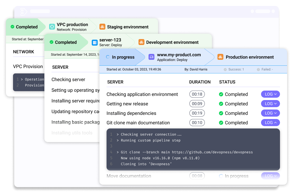 Mockups showing infrastructure resources being deployed on devopness