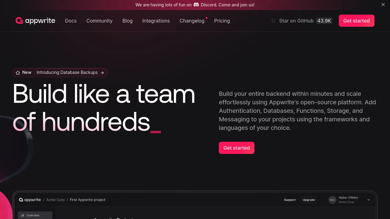 Screenshot of Appwrite website