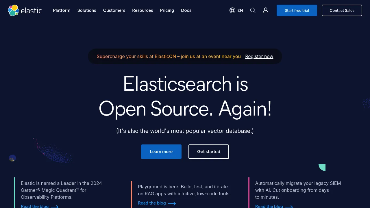 Screenshot of Elastic website