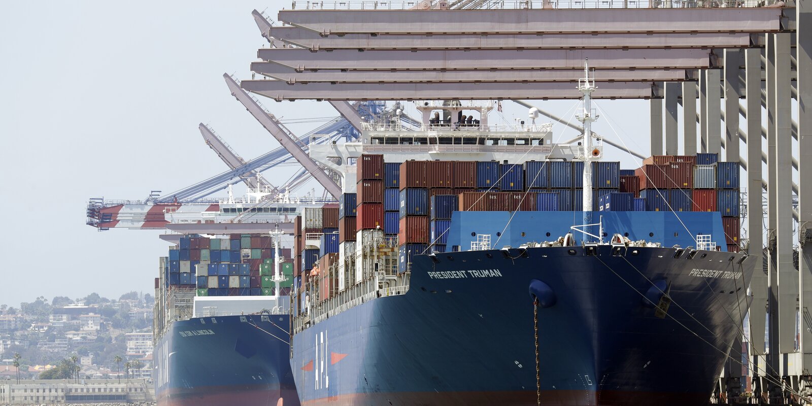 container ships docked at the Port of Long Beach in Long Beach, Calif. 