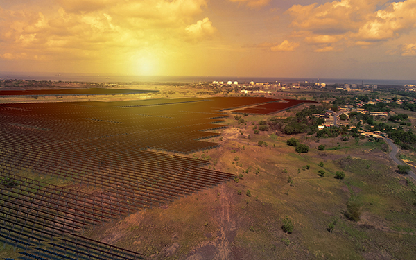 Aerial view of a massive utility-scale solar park, demonstrating the scale of the renewable energy project.