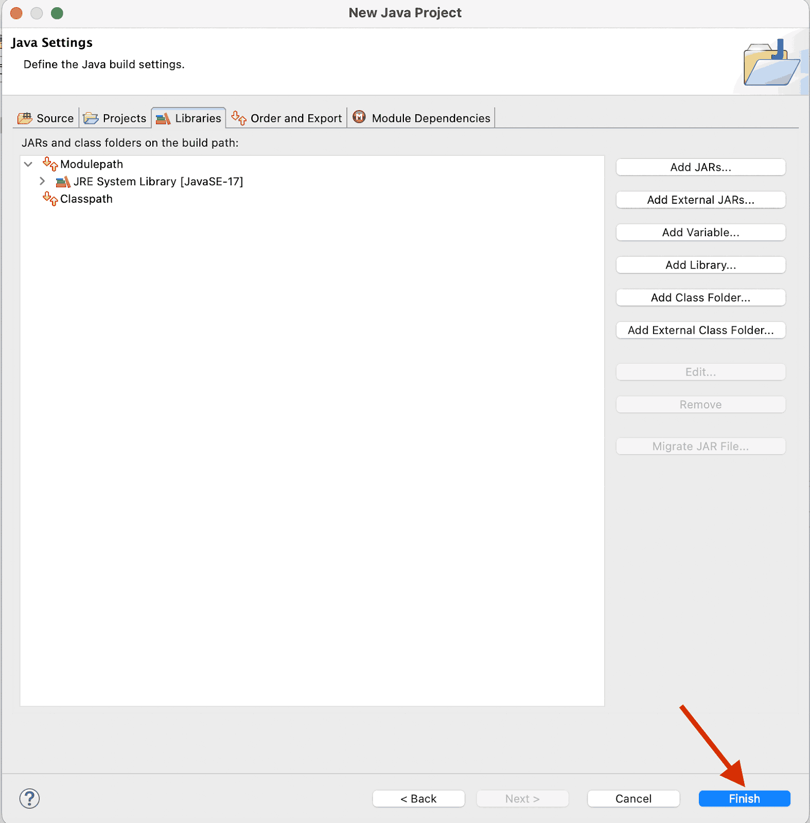 Finish button to complete the project setup Finish button to complete the project setup