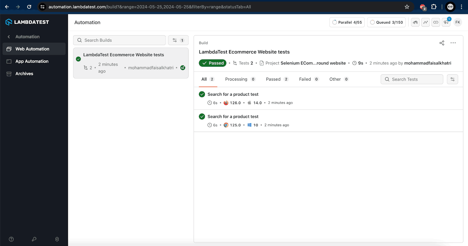 test execution can be found on the LambdaTest Web Automation test execution can be found on the LambdaTest Web Automation