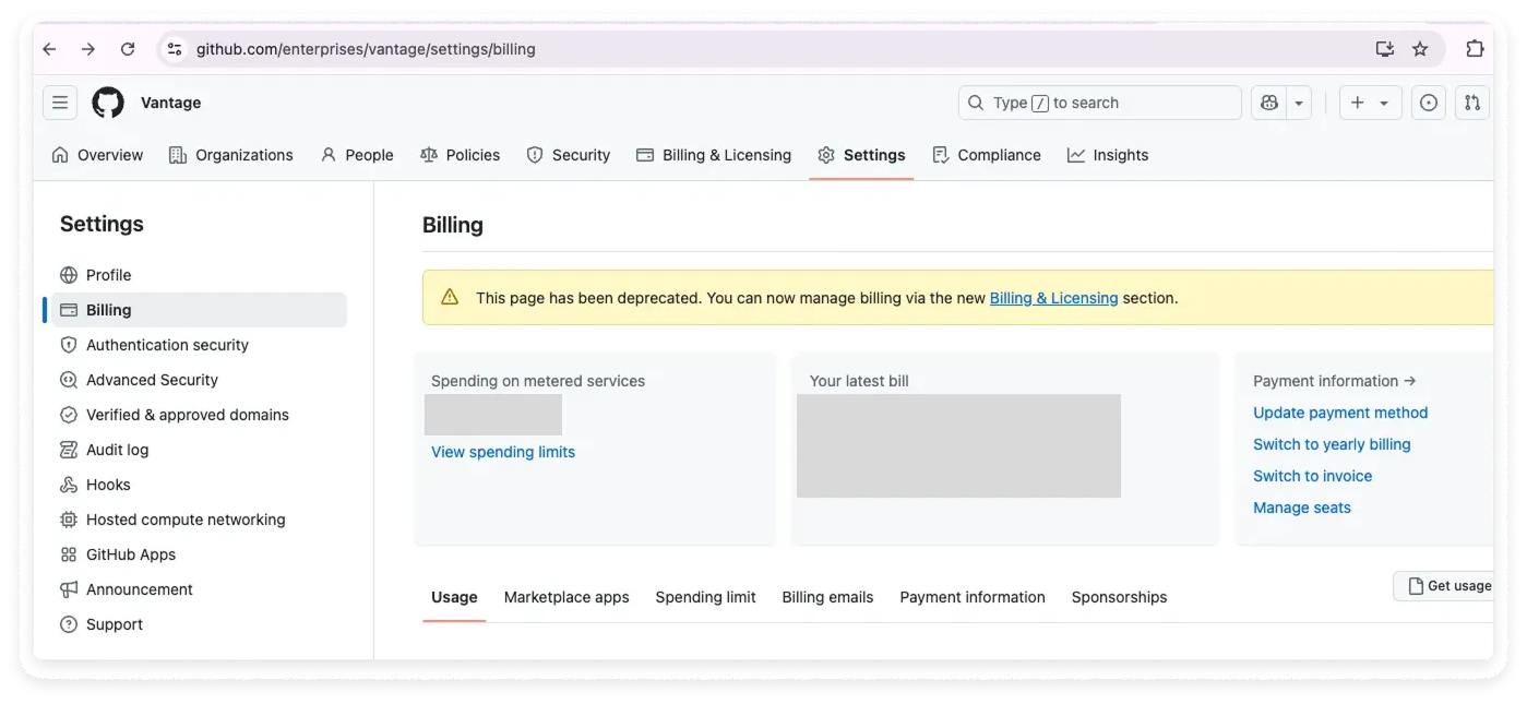 Deprecated billing screen in GitHub