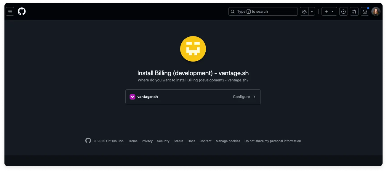 GitHub application organization selection screen