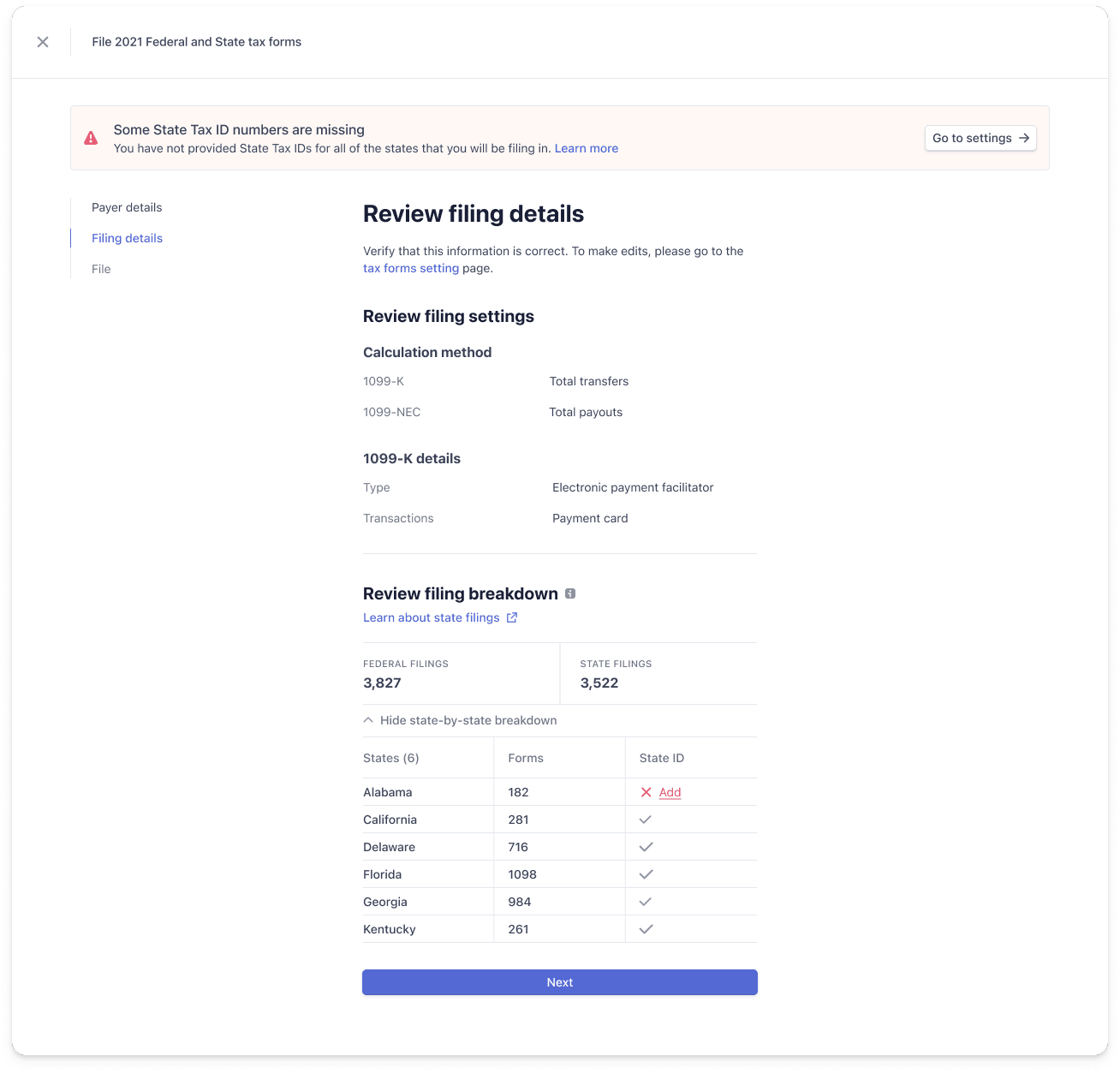 Review filing details page displaying a banner to indicate a missing Tax ID.