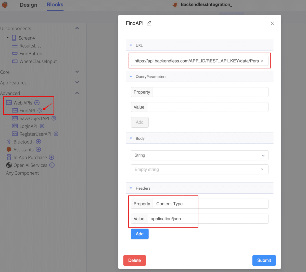 Find data API Web API to Backendless from Thunkable